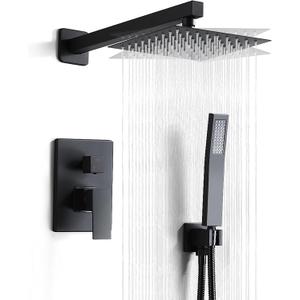 Matte Black Shower Head and Handle Set 8 Inch, Rain Shower Head with 2 Hooks, Luxury Rain Shower Set Square Wall Mount for Bathroom with Rain Shower and Handheld Shower System