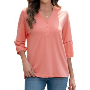 3/4 Length Sleeve Womens Tops Dressy Casual Blouses for Women 2025 Henley V Neck Shirts Loose Fit Tunic Tops (Pink, L)