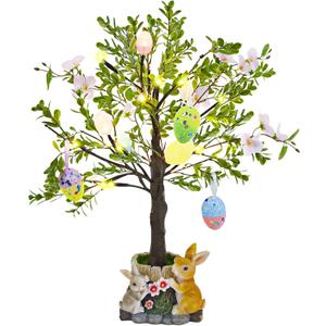 DR.DUDU Lighted Easter Tree 23.5 Inch - Pre-Lit Easter Decorations for Table with Eggs & Bunny Pot, Spring Trees Centerpiece with Lights for Dining Room, Home, Mantel, Office Dcor