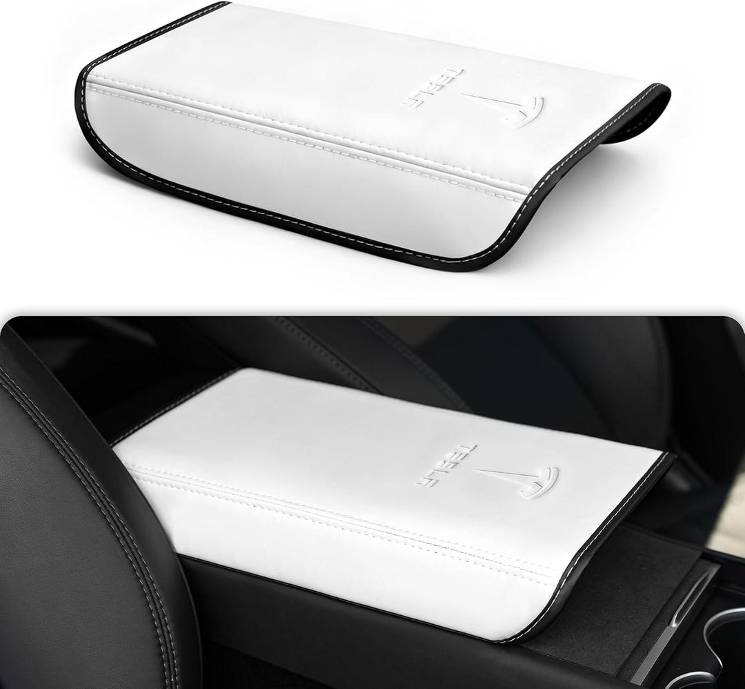 Center Console Armrest Cover for Tesla Model Y 2020-2026 / Model 3 2019-2025, Soft Embossed Armrest Protector Armrest Box Cushion Non-Slip Leather with Logo, White Accessories for Tesla