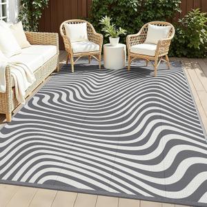 Vaukki Waterproof Outdoor Rug 5x8, Grey Striped Patio Mat