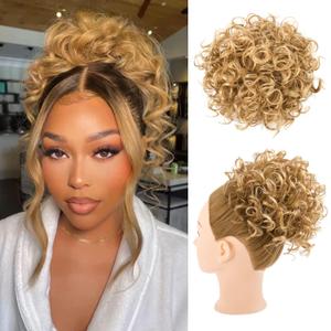 HOOJIH Curly Hair Bun, Elastic Drawstring Loose Wave Messy Bun 1PC Large Full Hair Bun Extension Hairpiece Short Synthetic Ponytail Extension for Women - Light Golden Blonde