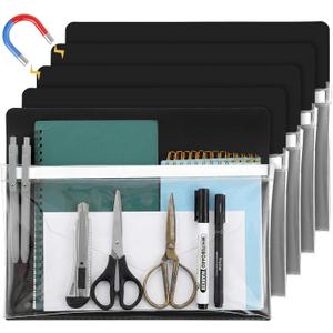 5 Pcs Magnetic File Holder, Black Magnetic Pocket Pouch Organizer for Refrigerator Whiteboard, Pen Marker Storage,12x9.5 Inch