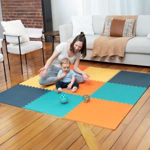 MioTetto Foam Floor Tiles for Kids - Non-Toxic Comfortable Baby Play Mat and Interlocking Foam Tiles, Fits with 74x74 Playpen Mat for Crawling & Development, Soft Play Mat for Babies 6-12 Months (Cobalt-apricot-pine-gold)