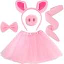 Exacoo Pink Pig Costume Set Fuzzy Pig Ears Headband Piggy Nose Tail Tutu Skirt Bowtie Kit Animal Circus Costumes Dress Up Halloween Cosplay Decoration Cute Piglet Outfit 3+