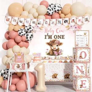 Highland Cow 1st birthday Decorations Girls, 122 PCs  Holy Cow Im one Party Supplies with Floral Backdrop, Balloon Garland, Cake Topper, Crown for Boho Cow Themed Birthday