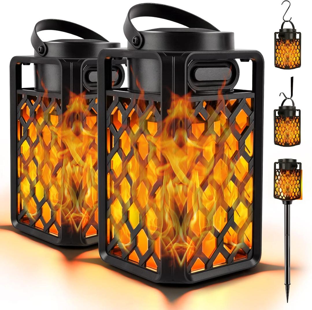 Outdoor Bluetooth Speakers, Led Flame Torch Lantern, Waterproof Wireless Speaker with Wall Mount/Stake/Hook, Camping Patio Accessories, 10W Stereo Sound, BT5.0, Cool Gadgets for Porch Garden Party (Pack of 2)