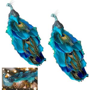 Glitter Peacock Christmas Ornaments 11in Teal Blue Artificial Feathered Peacock Birds Ornaments for Christmas Tree Simulated Peacocks Decorations with Metal Clips Xmas Wedding Home Party Decor