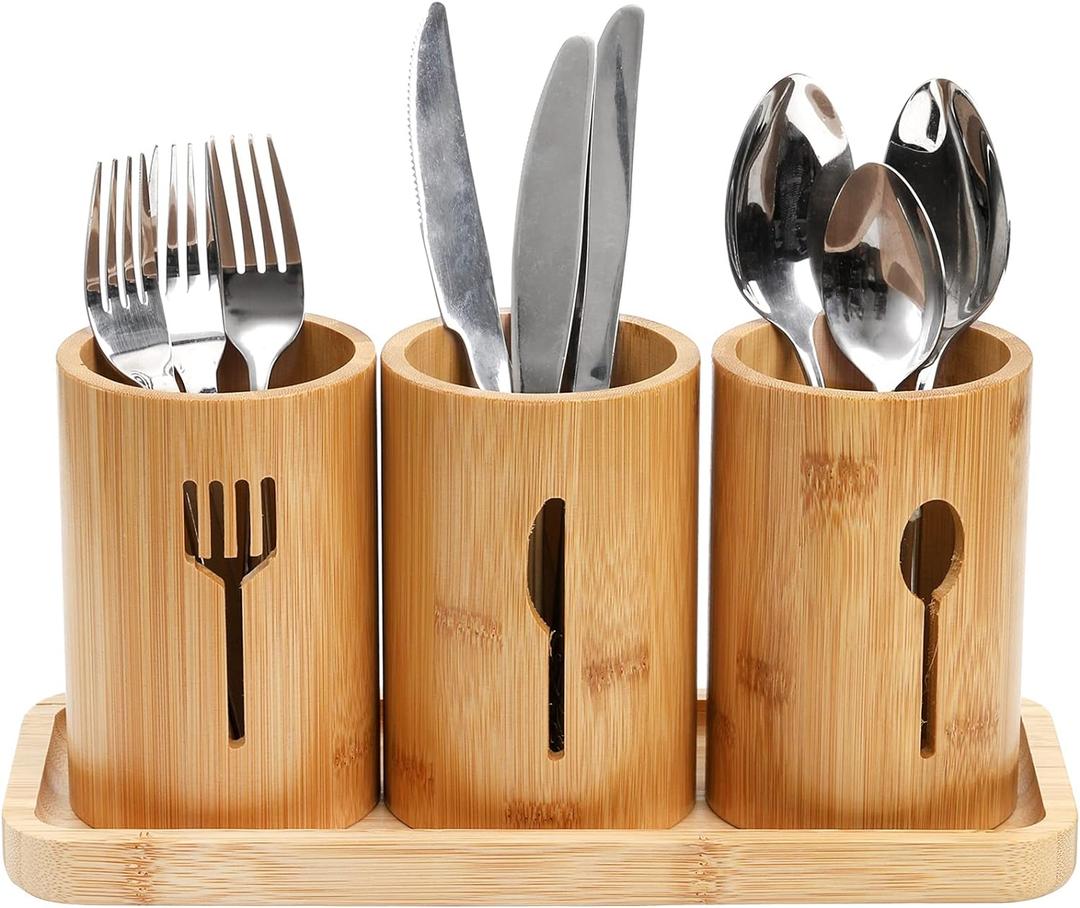 Lyellfe Silverware Holder, Bamboo Utensil Organizer with Tray, Rustic Farmhouse Kitchen Cutlery Flatware Holder Organizer for Spoons, Knives and Forks, Ideal for Kitchen and Restaurant