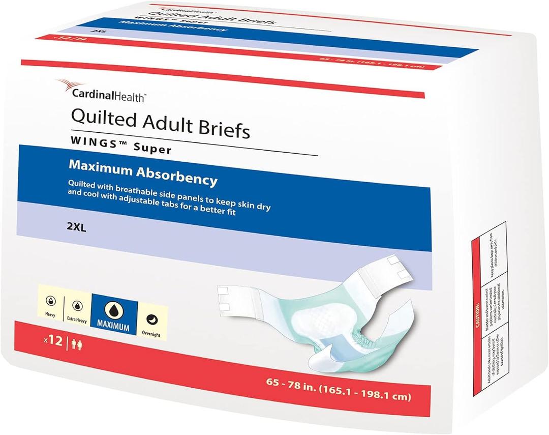 Cardinal Health Quilted Adult Briefs, Wings Super with BreatheEasy Technology, Maximum Absorbency, XX-Large, Bag of 12