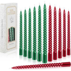 MTLEE 12 Pcs 10 Inch Christmas Spiral Taper Candles Red Green Dripless Twisted Wax Candles, Long Tapered Candles Unscented Candle Sticks for Xmas Home Party Dinner Dining Table Wedding Supplies