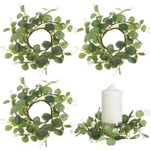 DOITOOL Easter Eucalyptus Candle Rings, 4Pcs Artificial Greenery Wreaths for Pillar Candles, Small Faux Silk Leaves Wreath with White Berries, Spring Easter Table Centerpiece Decor for Farmhouse Windo
