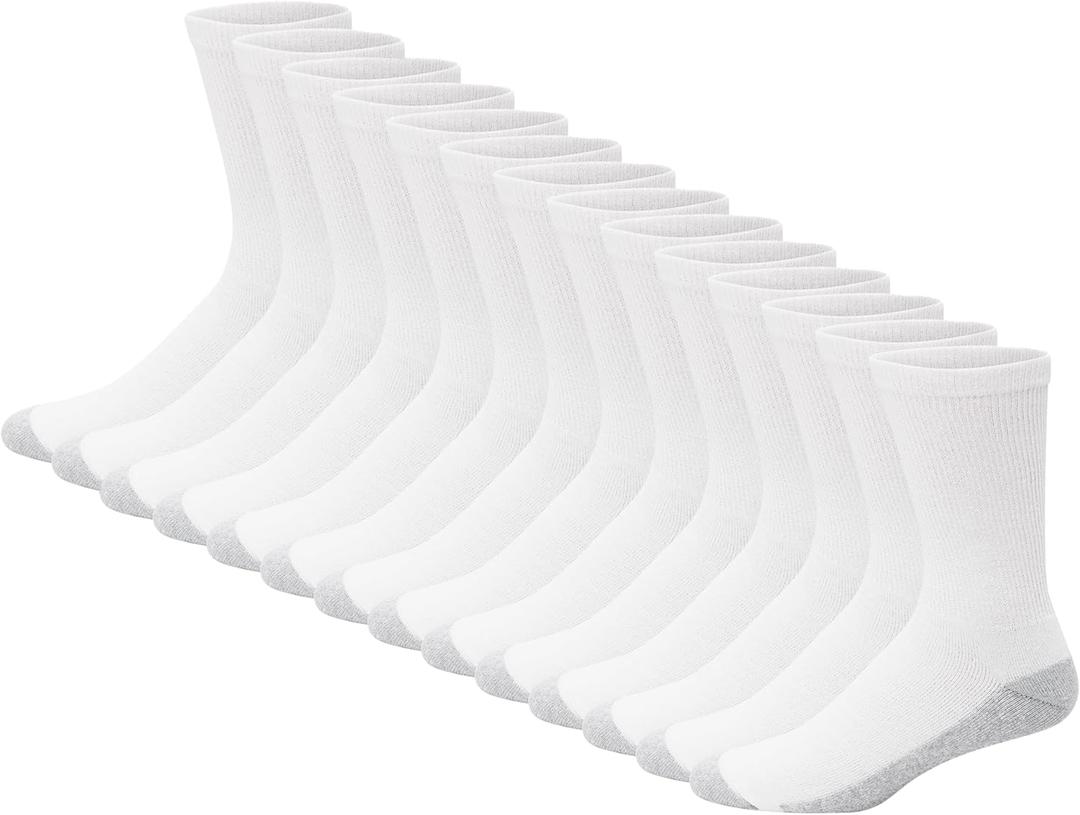 Hanes Men's Double Tough Socks, Crew and Ankle Moisturing Wicking Socks, Black & White, Multi-Packs (6-12, White - 14 Pair)
