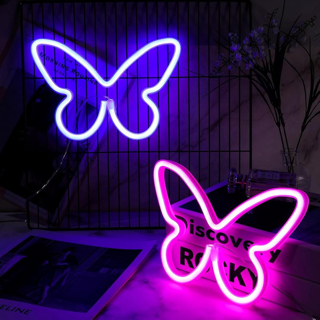 Riakrum 2 Pcs Butterfly Neon Signs LED Light 3AA Battery Powered USB Operated Wall Neon Light Decor Butterfly Wall Art for Christmas Home Bedroom Birthday Party Decor(Pink, Blue)