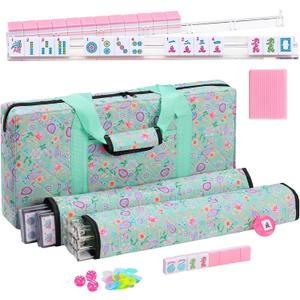 American Mahjong Set with166 Pink Tiles, Racks, Light Green Bag and Accessories, Mahjong Tile Set for Beginners