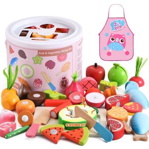 WHOHOLL Wooden Play Food Toys for Kids Kitchen Playset, Play Kitchen Accessories with Apron Pretend Cutting Food Montessori Toys for 3+ Year Old Girls and Boys