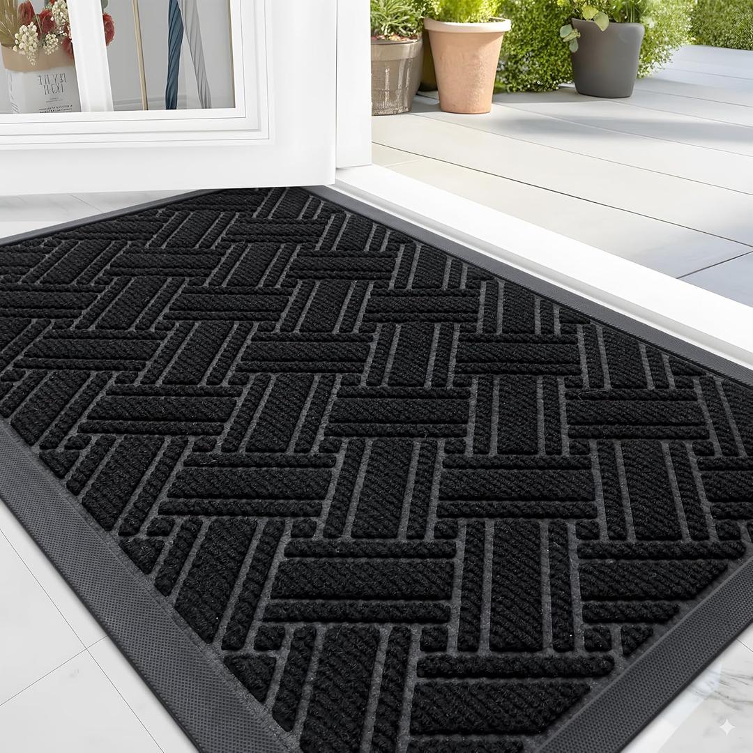 OLANLY Indoor Outdoor Mat, Sturdy Natural Rubber Floor Mat, Non Slip Low Profile Waterproof Doormat, and Stain Front Door Mats, Easy Clean Patio Entrance Mat, 48''x32'', Black