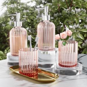 Glass 5PCS Pink Bathroom Accessories Set, Soap Dispenser, Toothbush Holder, Vanity Tray, Housewarming Dorm Apartment Decor Home Essentials Gift for Her for Bathroom Countertop (Pink and Gold)