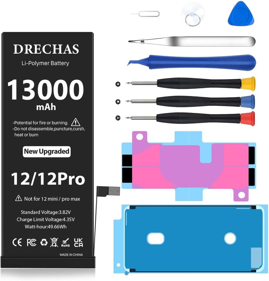 [13000mAh] Battery for iPhone 12, Upgraded Capacity 0 Cycle Li-Polymer Replacement Battery for iPhone 12/12 Pro Models A2172, A2402, A2403, A2404 with Complete Professional Repair Tool Kit