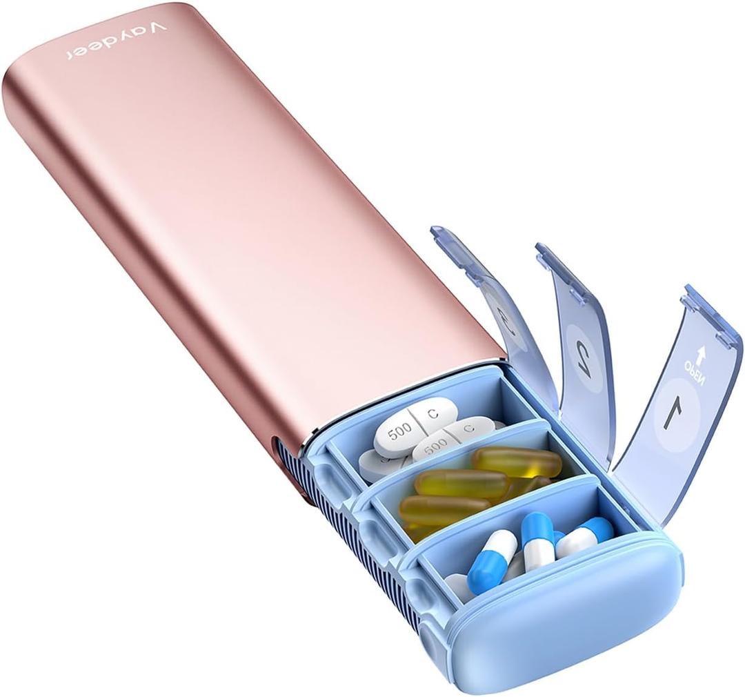 Vaydeer Metal Travel Pill Organizer, 7 Day Weekly Pill Box, Large Capacity Daily Cute Pill Case for Supplements, Pills, Vitamins and Medication (Small, Rose Gold)