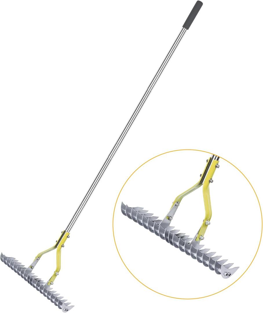 BARAYSTUS Thatch Rake Dethatcher - 15-Inch Wide Lawn Rake for Dead Grass Removal, Stainless Steel Adjustable Handle Garden Rake for Soil Loosening, Aeration & Thatching, 58.5-Inch Length