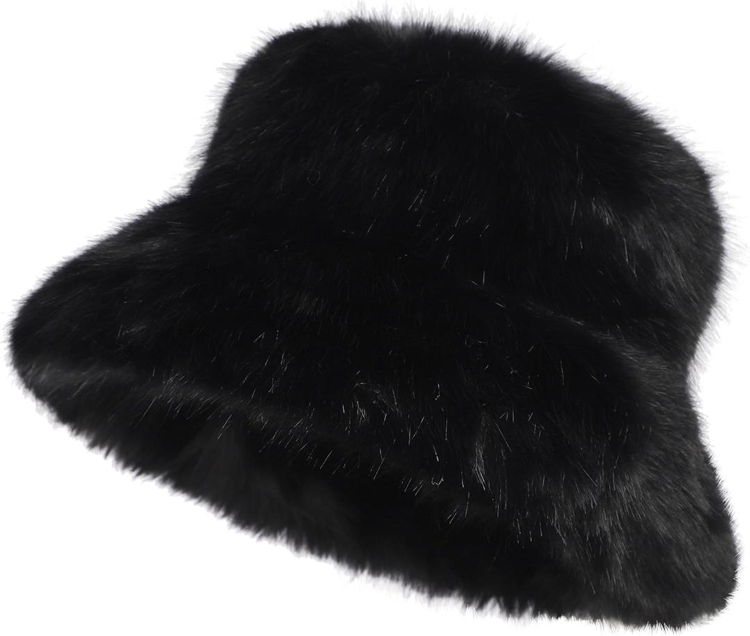 LA CARRIE Women's Fuzzy Wide Brim Faux Fur Bucket Hat Winter Warmer Fisherman Cap