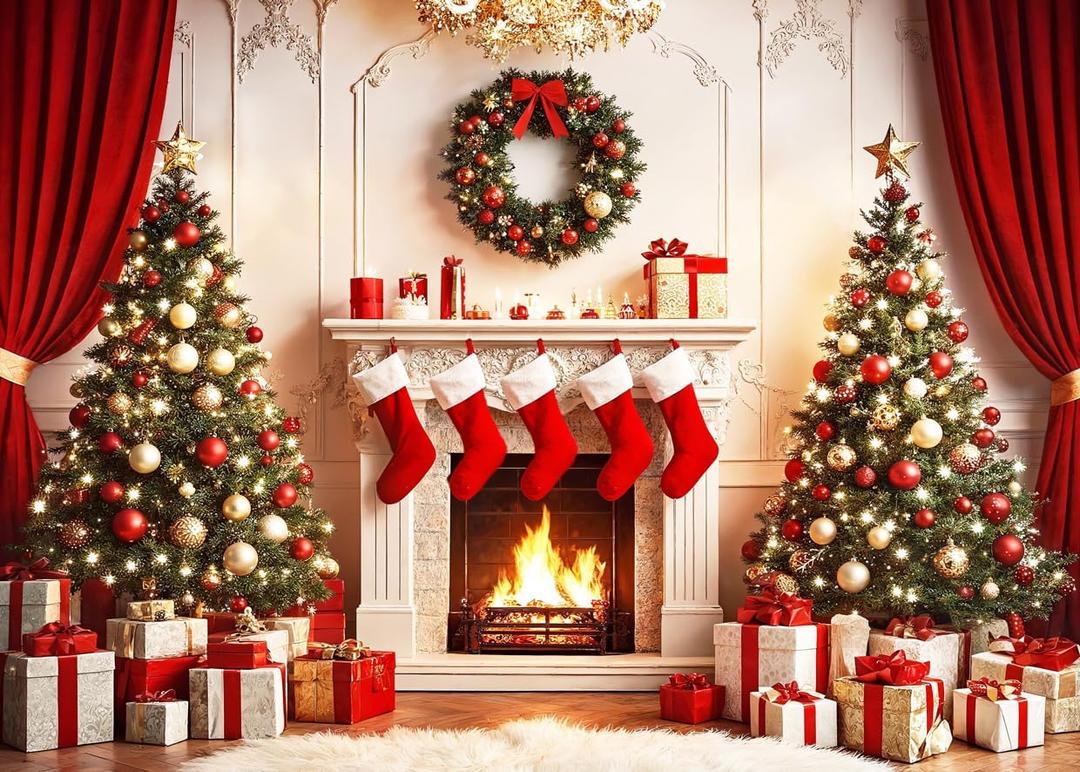 LYCGS 7x5ft Christmas Fireplace Backdrop for Photography Red Curtain Socks Xmas Tree Photo Background Merry Christmas Party Decor