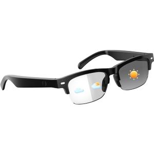 HAIXINDA Smart Glasses, Bluetooth Glasses with Color-change Lenses, Half Frame Design, Open-Ear Speaker, Intelligent Control, Hands-Free Calls, Audio Bluetooth Eyeglasses for iPhone Android Music/Work (YX01-Black)