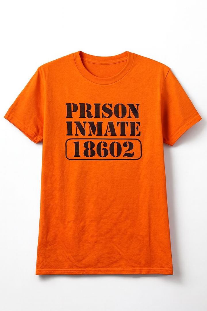 Prisoner Costume Orange Prison Uniform Halloween Jail Inmate T-Shirt, Small