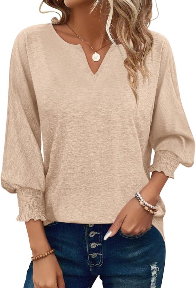 PGANDS Women's 3/4 Sleeve V Neck T Shirts Ruffle Sleeve Summer Casual Tops, Size: L