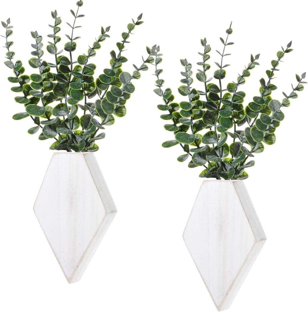 Chunful 2 Pcs Wooden Wall Planter Decor Hanging Fake Plants Greenery Flowers Holder Vase Boxes for Wall Bohemian Farmhouse Room Kitchen Office Indoor Decoration(Retro White,7.1 x 4.7 x 1.2 Inches)