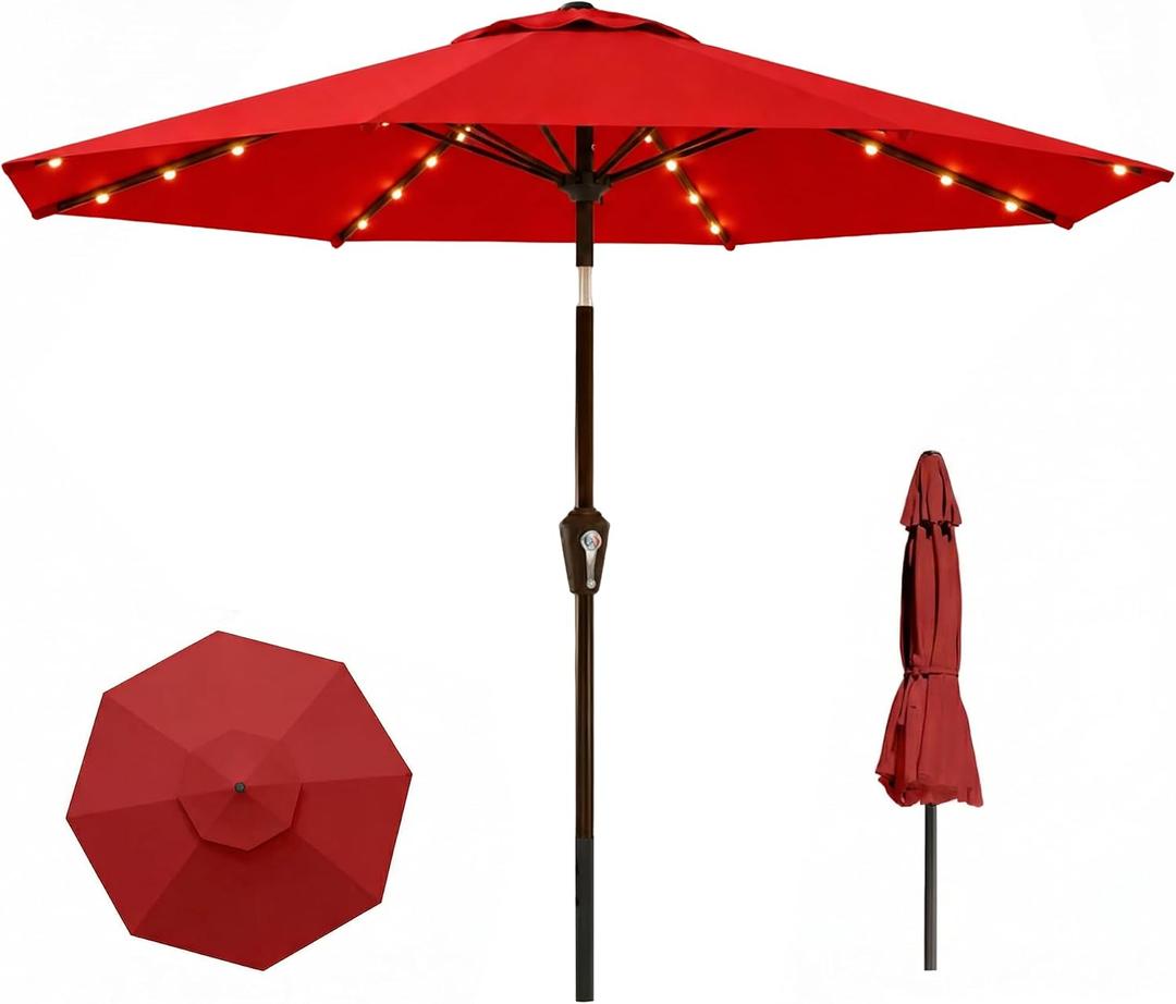 11FT Solar Lighted Patio Umbrella, Outdoor Table Market Umbrellas with Crank Lift, 32 LED Lights, 8 Sturdy Ribs, UV-Resistant for Deck, Garden, Pool