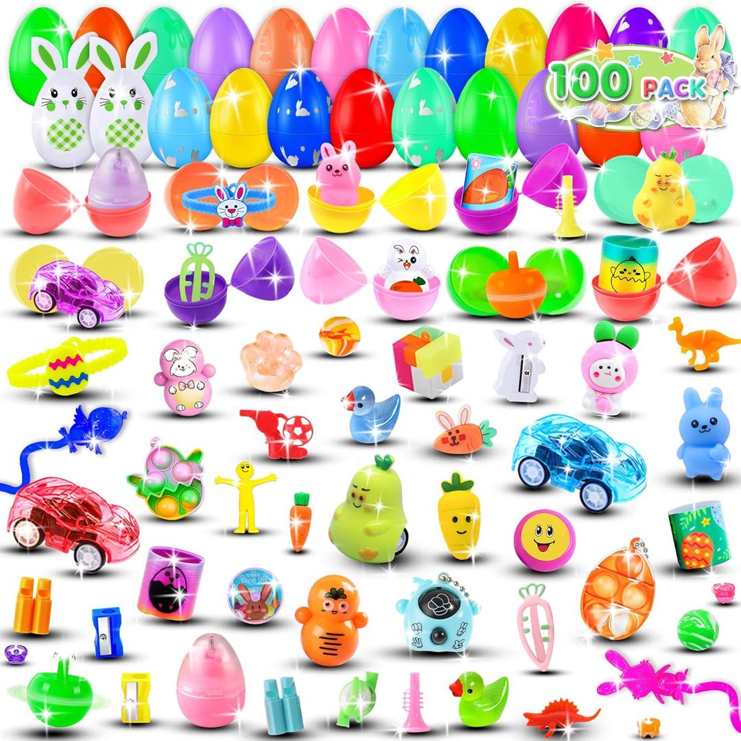 100 Pack Prefilled Easter Eggs with Toys Inside,Plastic Eggs Fillers, Easter Basket Stuffers, Party Favors Supplies, Classroom Prizes Bulk Toys, Easter Hunt Gifts
