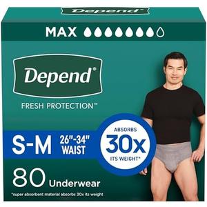 Depend Fresh Protection Adult Diapers, Incontinence Underwear for Men, Disposable, Maximum, Small/ Medium, Grey, 80 Count (2 Packs of 40), Packaging May Vary