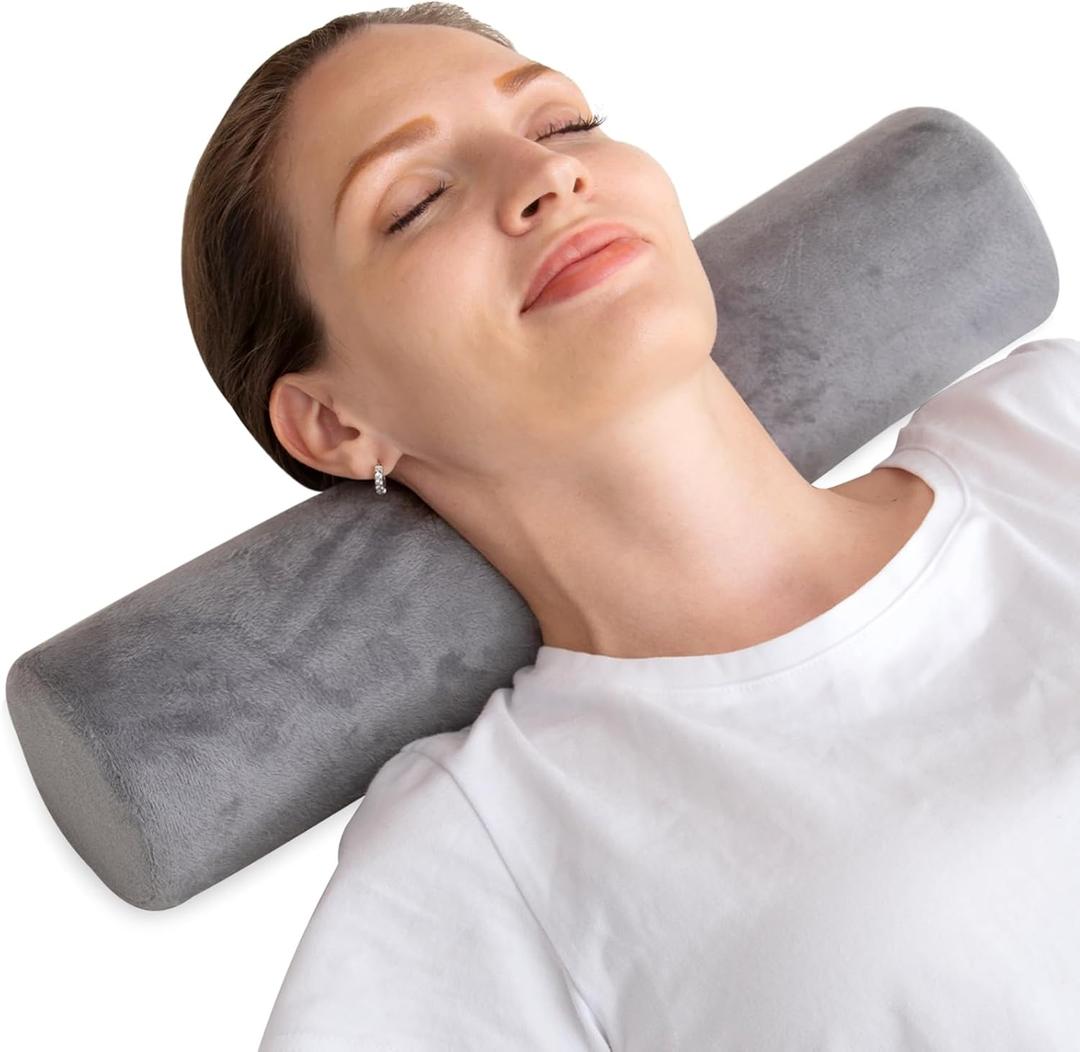 Neck Roll Pillow, Memory Foam Neck Roll Pillow for Sleeping, Small Cervical Round Cylinder Bolster Pillow for Support and Pain Relief, 17.7x4 Inches (Light Grey)