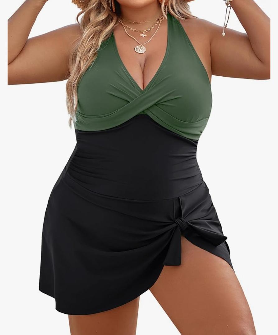 Blooming Jelly Women Plus Size Swim Dress Swimsuit One Piece Tummy Control Bathing Suits Modest Criss Cross Swim Suits, (Black Green, 3XL)