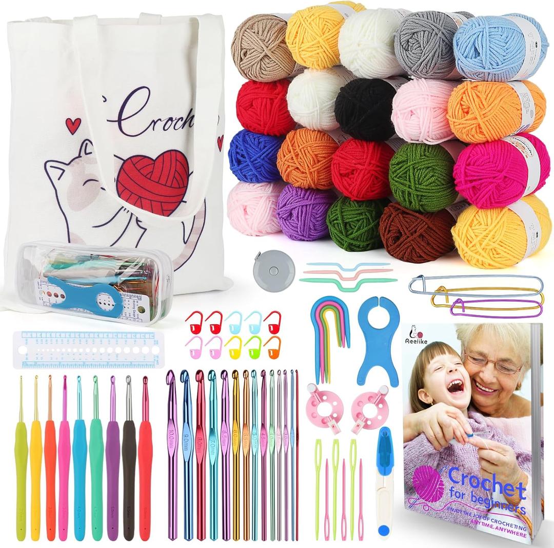 Aeelike Learn to Crochet Kits for Beginner, Crochet Starter Kit with Everything,1093 Yards Acrylic Yarn for Crocheting, 78pcs Crochet Set and Step-by-Step Instruction for Beginners Tote Storage Bag (White Cat)