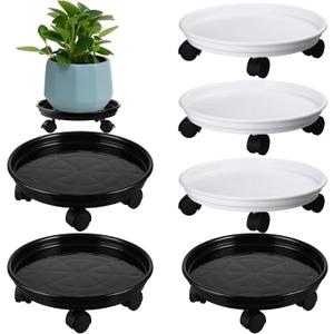 6 Packs Plant Caddy with Wheels 12" Plastic Rolling Plant Stands Heavy-duty Plant Dolly with Casters Indoor and Outdoor Plant Roller Base Large Heavy Plant Pot Saucers with Wheels Plant Movers (Black/White)