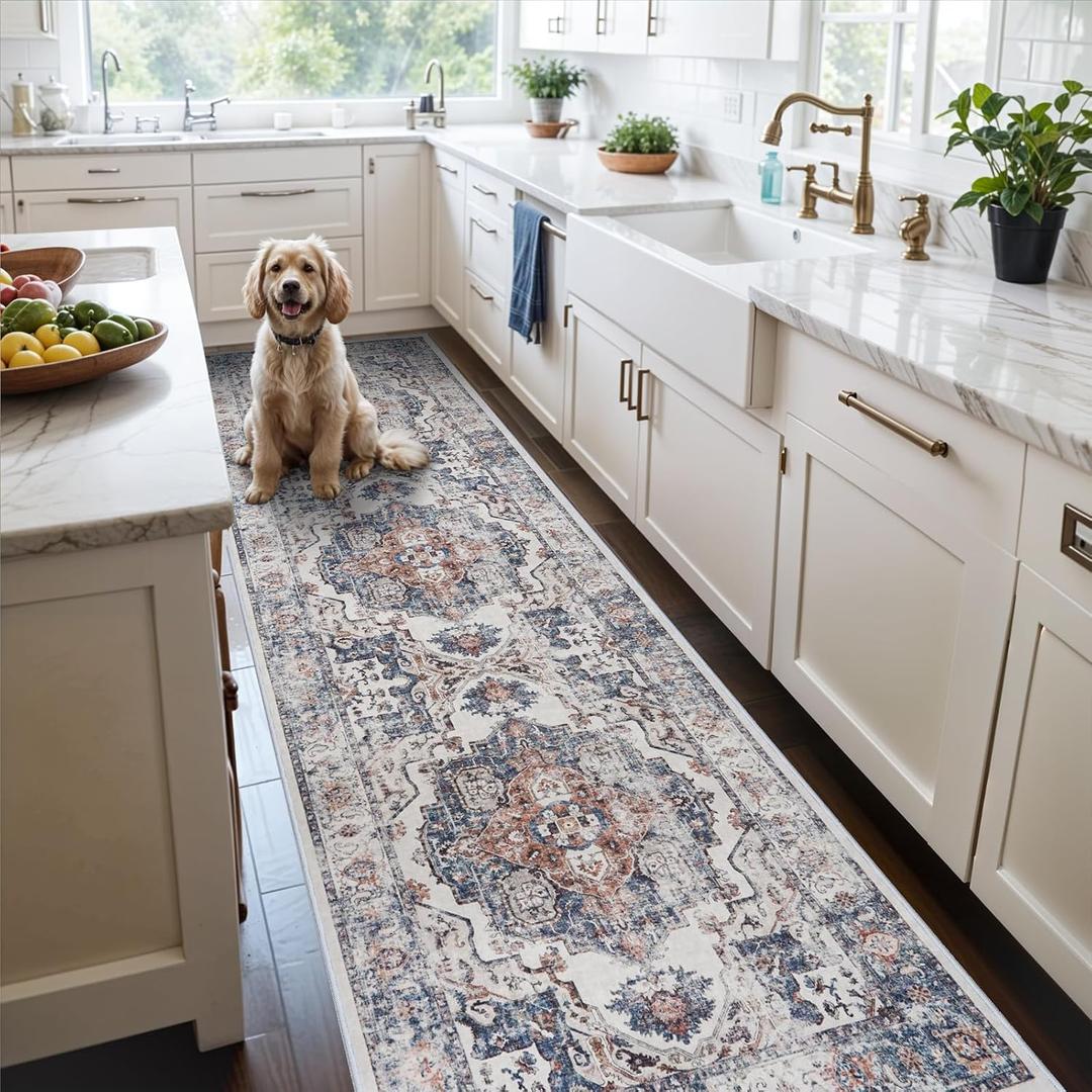 Hallway Washable Runner Rug - 2x10 Kitchen Rugs Entryway Rug Runner Vintage Soft Floor Mat Non Slip Indoor Farmhouse Carpet for Bathroom Living Room Bedroom (2 X 10, Brick)