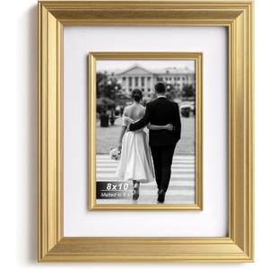 Yaetm 8x10 Gold Picture Frame with Decorative Inner Frame & Tempered Glass, Display 5x7 Photos with Mat - Portrait or Landscape - Tabletop & Wall Mount for Office & Home Dcor (Gold, Single)