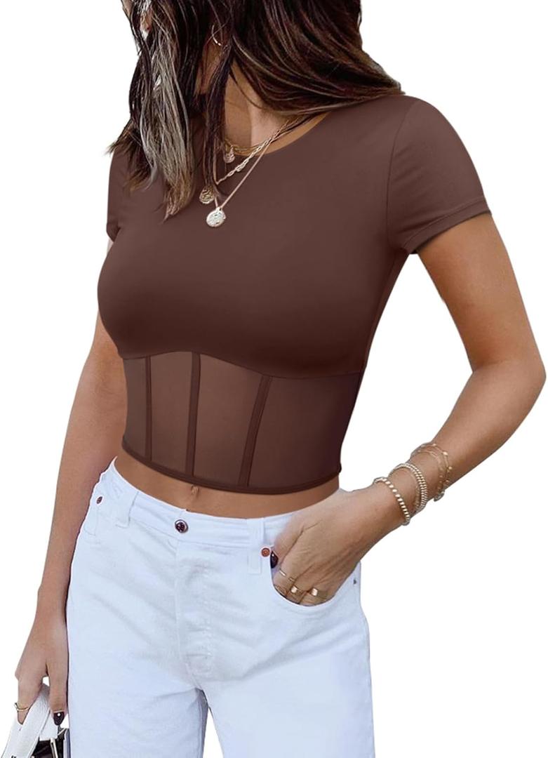 REORIA Women's Sexy Round Neck Short Sleeve Tees Summer Sheer Mesh T Shirt Trendy Y2K Going Out Crop Tops (Pink, M)