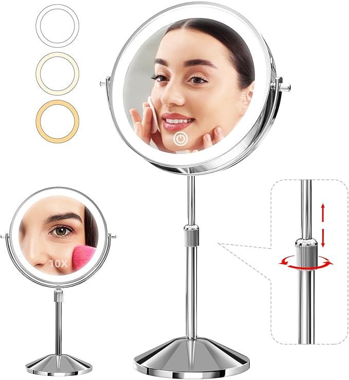 Omobolanle 8" Lighted Makeup Mirror, 10X Magnifying Mirror with 360 Rotation, Double Sided, 3 Color Lights, Brightness & Height Adjustable, Rechargeable LED
