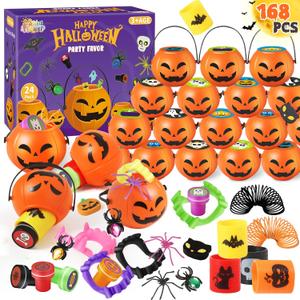 SpringFlower 168 PCS Halloween Party Favors For Kids, 24 Pack Prefilled Halloween Pumpkins With Toys, Halloween Toy Bulk For Kids Gifts & Trick or Treat, School Classroom Rewards