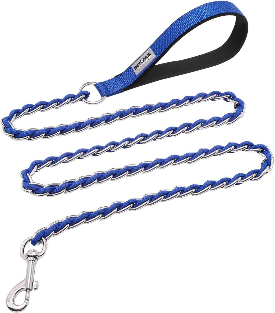 Chain Dog Leash Chew Proof Metal Leash for Medium Large Dogs, Chain Link Anti Chew 4FT Strong Anti Bite Comfortable Soft Padded Handle Blue 3.0