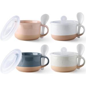 GBhome Ceramic Soup Mugs with Handles and Lids,24 OZ Soup Cups Set of 4 with Terracotta Underside,Mug Bowls with Spoon for Soup/Cereal/Salad/Noodles/Ramen/Microware &Dishwasher Safe-Colorful (Multicolor-1)