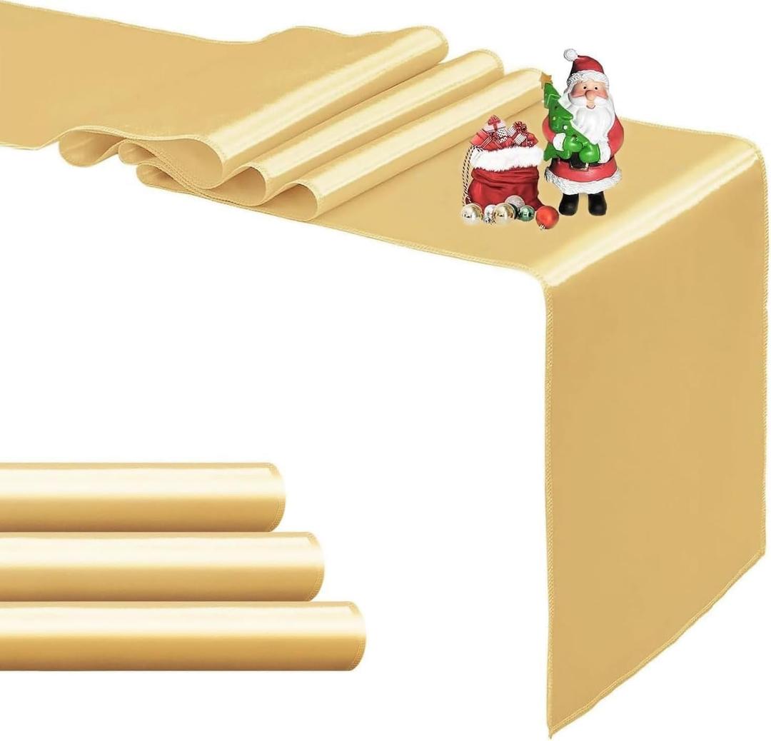 4-Pack Light Gold Satin Table Runner 12 x 108 Inch Long Bright and Smooth Silk Fabric Table Runner for Wedding Banquet Birthday Party Decoration