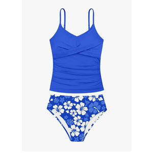 Girls Swimsuit 2 Piece Bathing Suit Criss Cross Ruched Girl Tankini Sets Printed Girls' Swimwear Blue for 15-16 Years