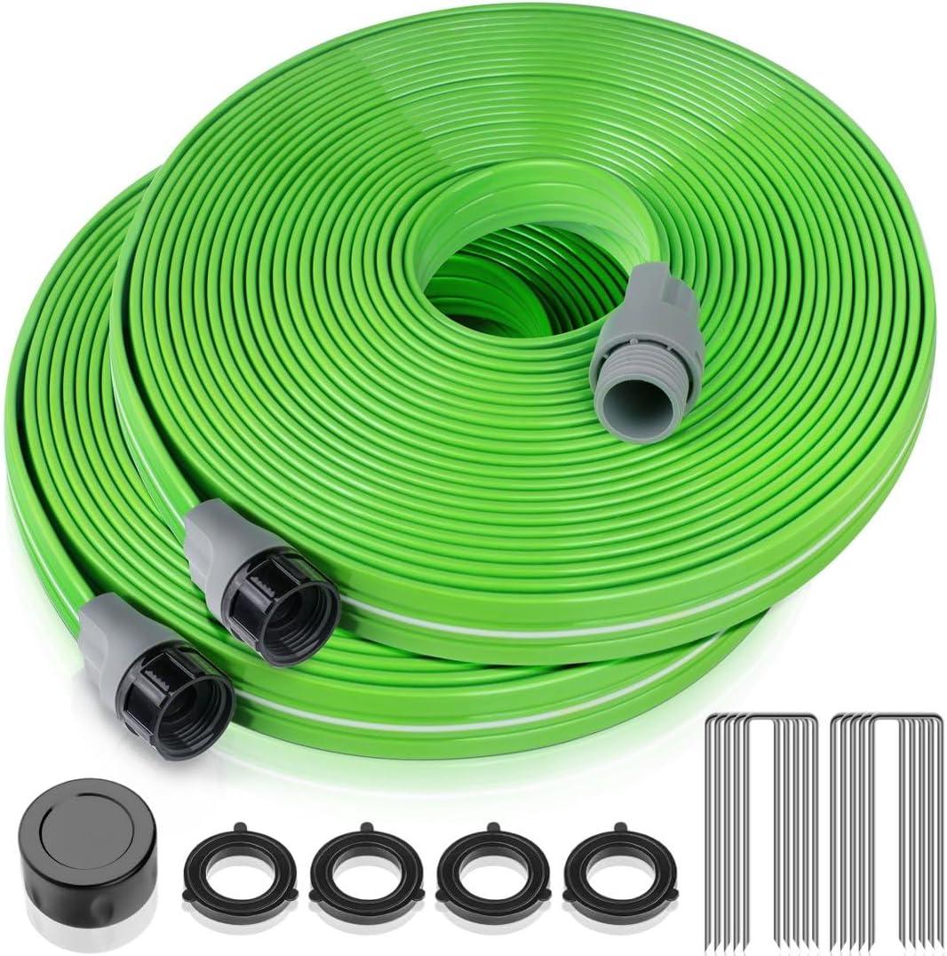 LAVEVE Heavy Duty Sprinkler Soaker Hose 100 FT, Flat Garden Hose with Holes, Efficient Flexible Irrigation Hose for Yard, Lawn and Garden, Includes Stakes (50FT x 2Pack)