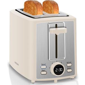 SEEDEEM Toaster 2 Slice, Bread Toaster with LCD Display, 7 Shade Settings, 1.'' Extra Wide Slots Toaster with Cancel, Bagel, Defrost, Reheat Functions, Removable Crumb Tray, 900W, Cream White (10.2*6.8*5.9 inch)