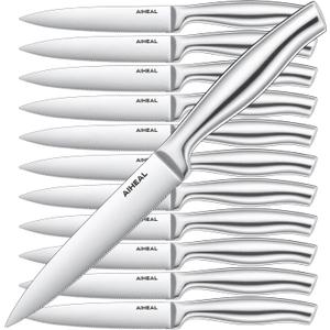 Aiheal Steak Knives, Stainless Steel Steak Knives Set of 12, Never Needs Sharpening Dinner Steak Knife Set, Sharp Micro Serrated Knives